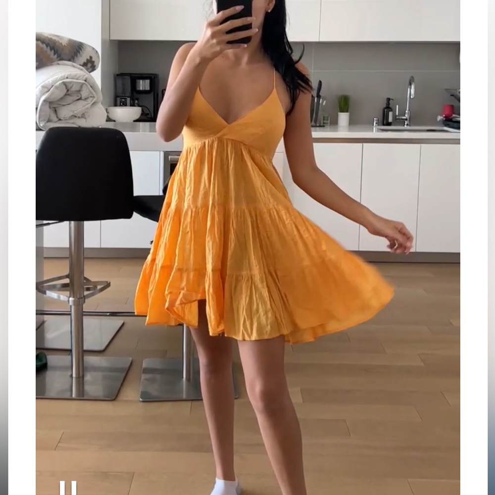 Urban Outfitters UO Yellow Cotton fieldstone tiered mini dress V Neck size S - Picture 5 of 16